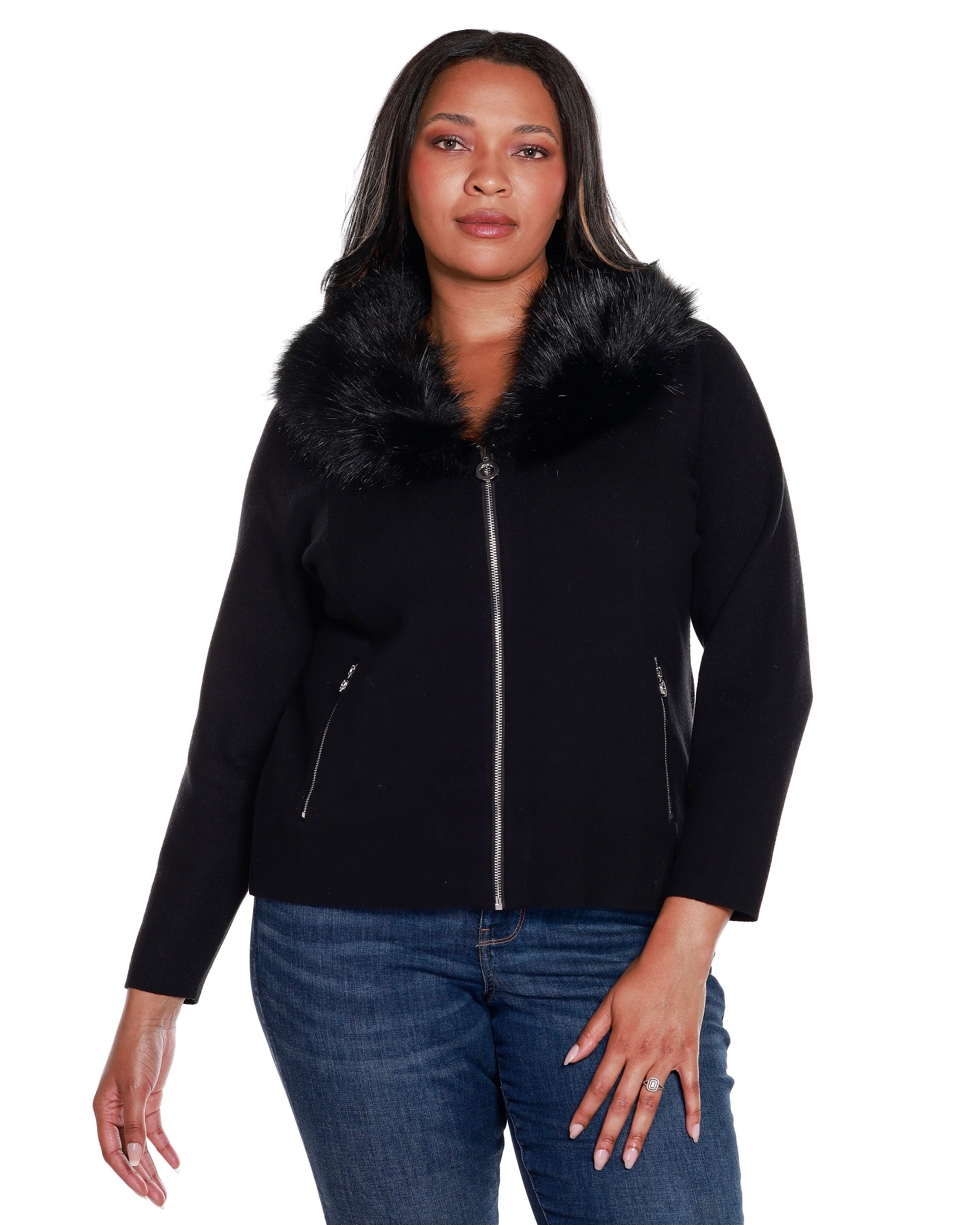 FAUX FUR COLLAR SHORT ZIP CARDIGAN SWEATER, Black / Black, hi-res image number 0