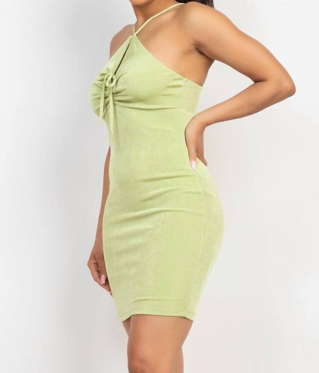 RUCHED KEYHOLE BODYCON DRESS IN LIME GREEN, Lime Green / Light Green, alternate image number null