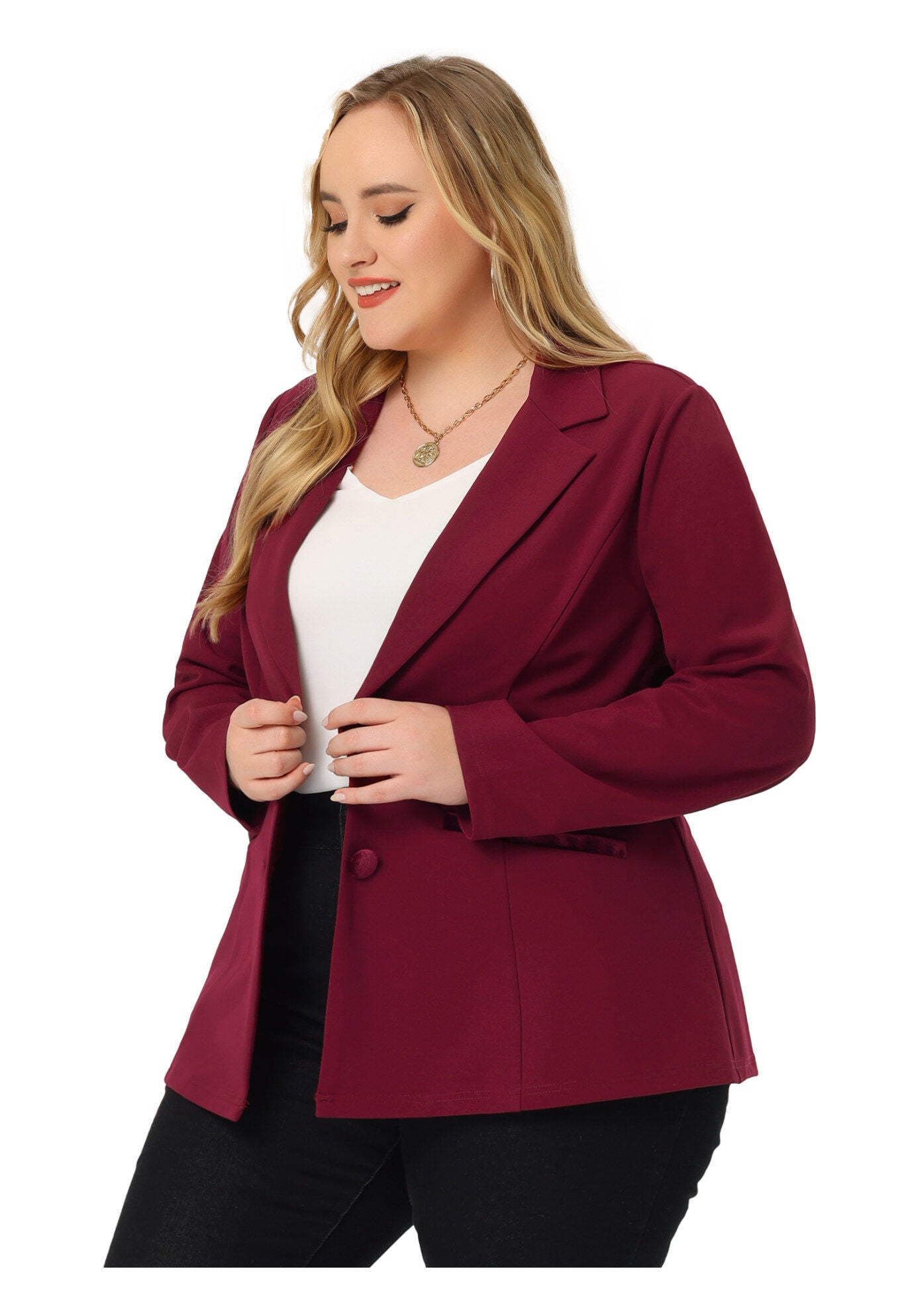 NOTCHED LAPEL V NECK WORK SUIT BLAZER, Burgundy / Red, alternate image number 4
