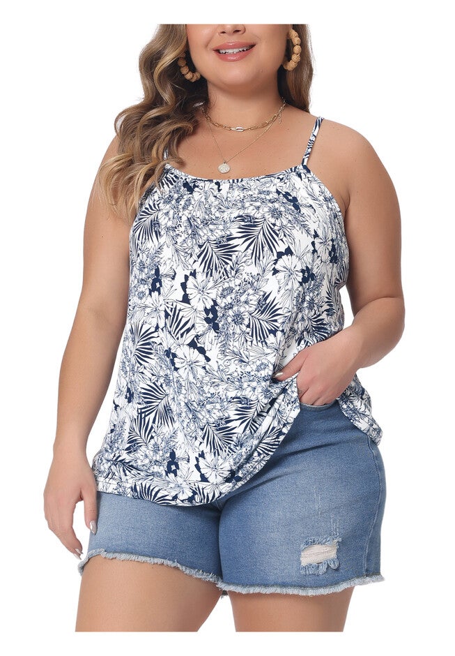 Boho Floral Loose Cami Spaghetti Strap Tunic, Navy Blue / Navy, alternate image number null