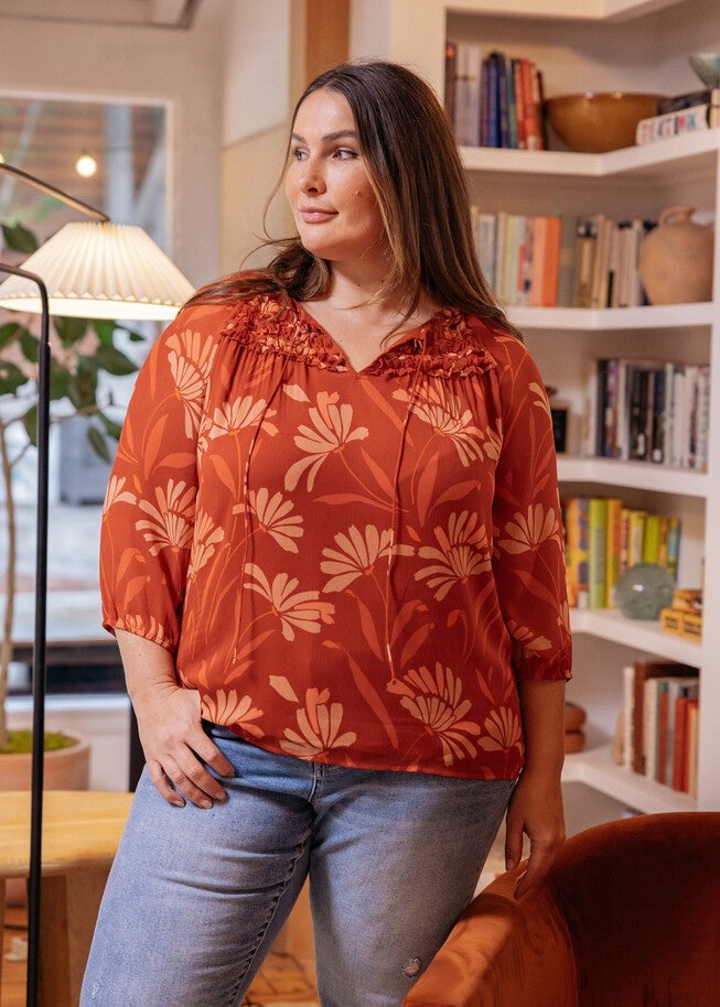 Adalee 3/4 Sleeve Floral Top, N681 Wine / Red, hi-res image number 0