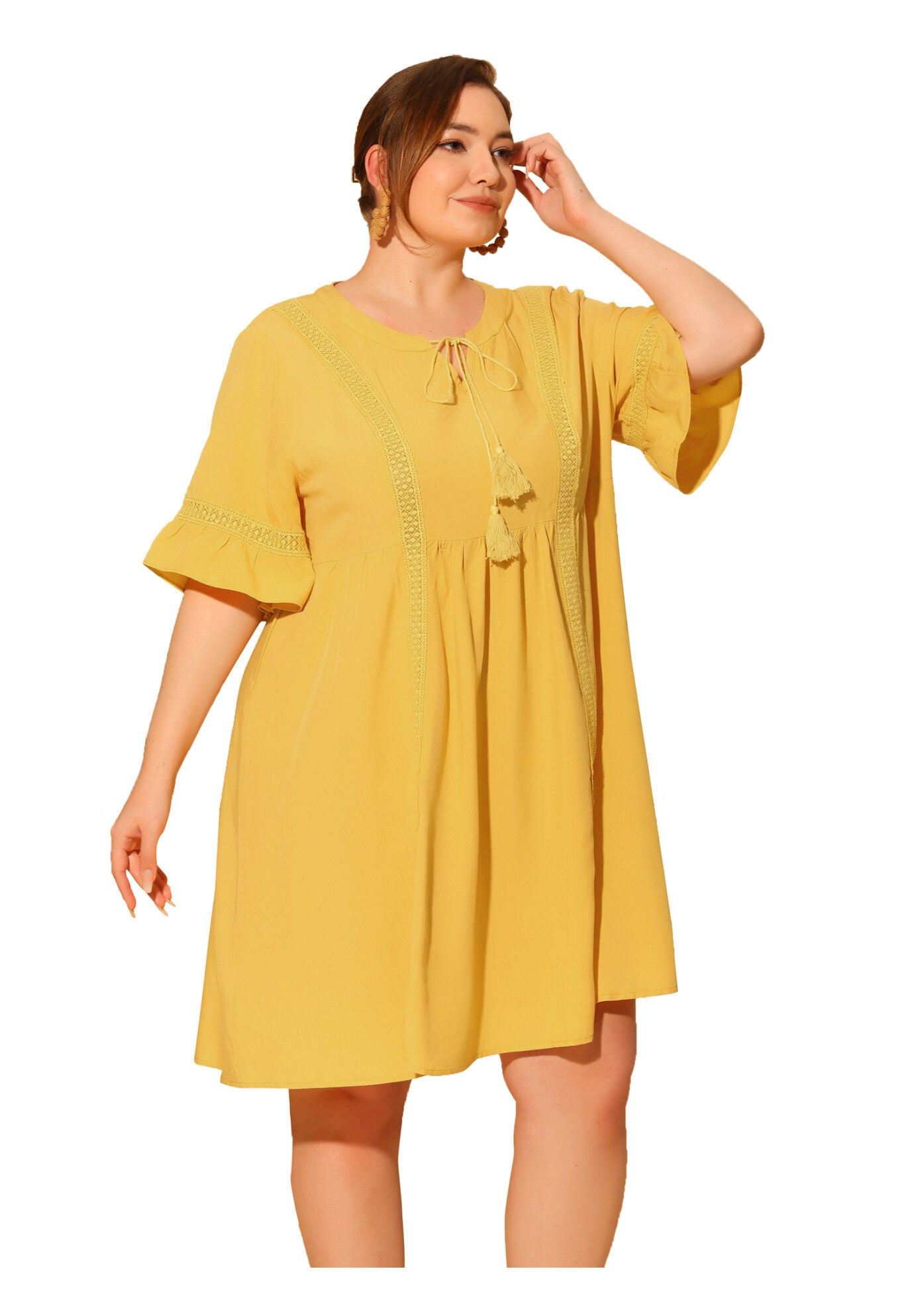 Ruffle Short Sleeve Lace Insert V Neck Tassel Bohemian Dress, Yellow / Yellow, hi-res image number 0