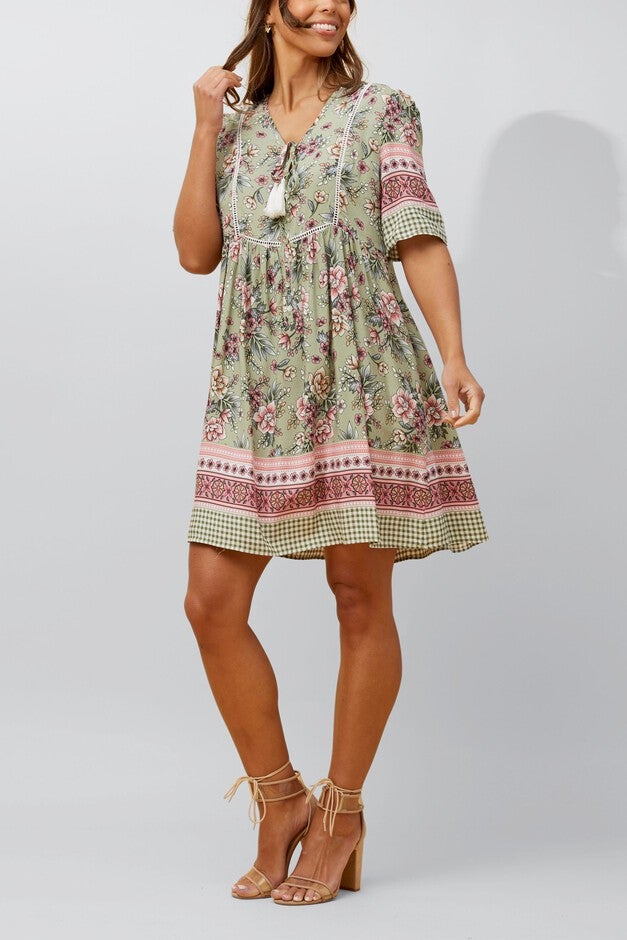 Gloria Short Dress A-Line Floral Print Green, Green / Sage Green, alternate image number 1