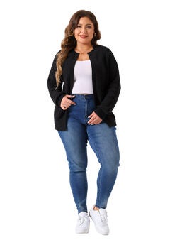 Long Sleeve Crew Neck Knit Cardigan Sweaters with Pockets