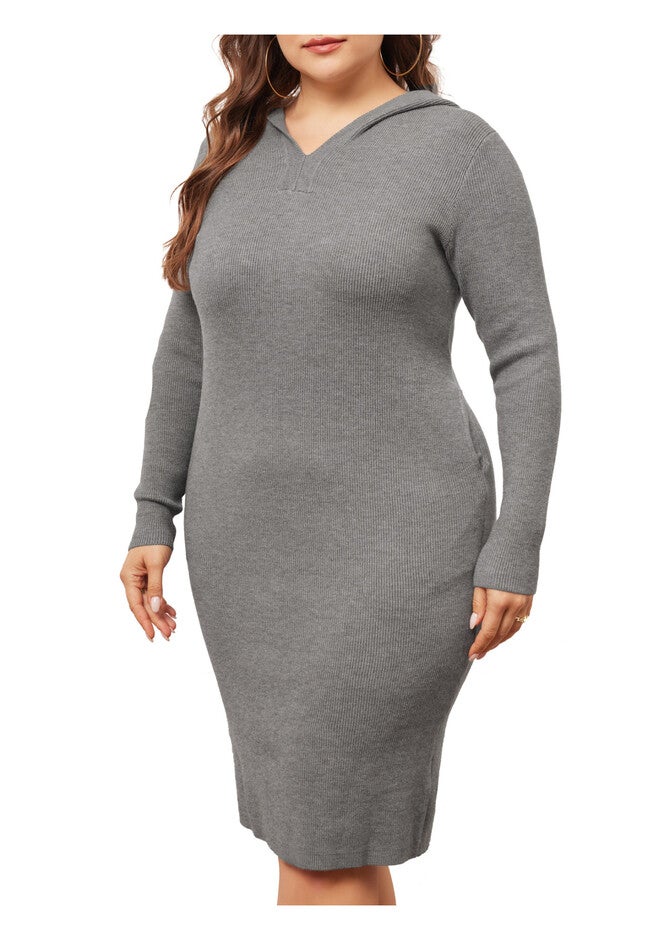 Long Sleeve Knit Pullover Hooded with Pocket Sweater Dress, Grey / Cool Gray, alternate image number 1