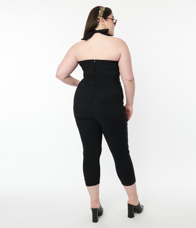 Unique Vintage 1950s Black Halter Marcel Jumpsuit, Black / Black, alternate image number 3