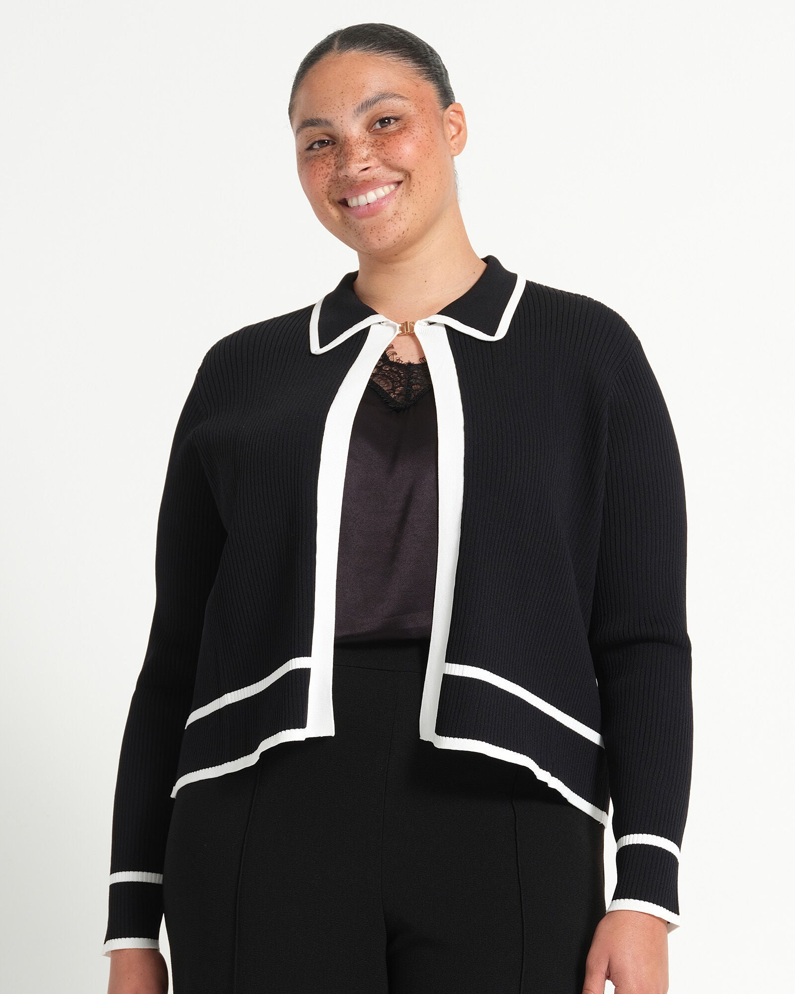 Gracie Contrast Ribbed Cardigan, BlackWhite / Black, hi-res image number 0