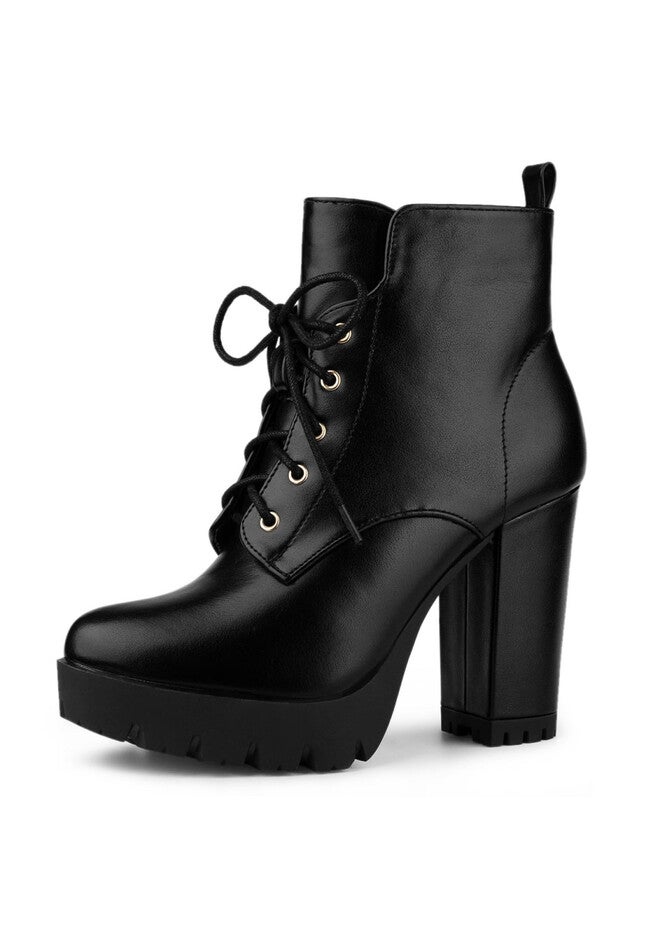 CHUNKY HIGH HEEL LACE UP PLATFORM BOOTS, Black / Black, hi-res image number null