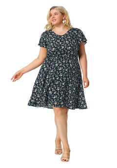 Summer V Neck Flare Sleeve Peplum Midi Ruffle Dress