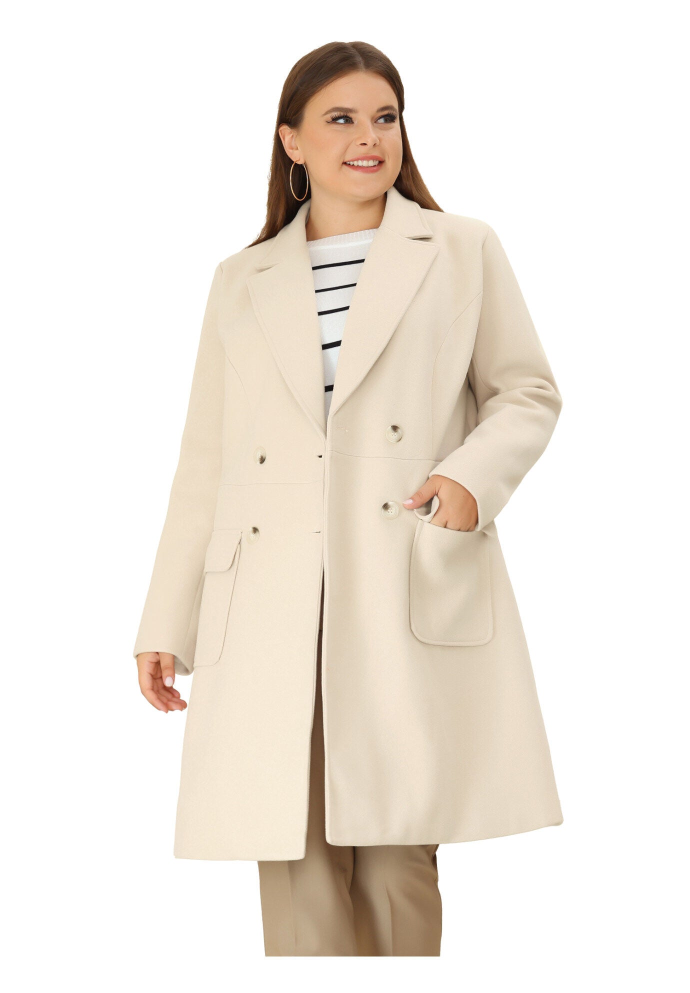 NOTCH LAPEL DOUBLE BREASTED PEA TRENCH COAT, Beige / Beige, alternate image number 2