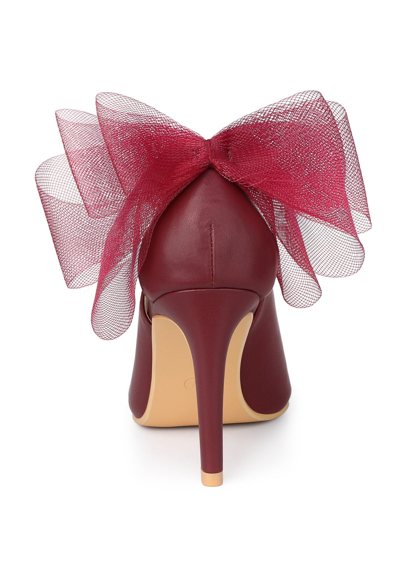 Mesh Bow Pointed Toe Stiletto Heels Pumps, Burgundy / Burgundy, alternate image number 2