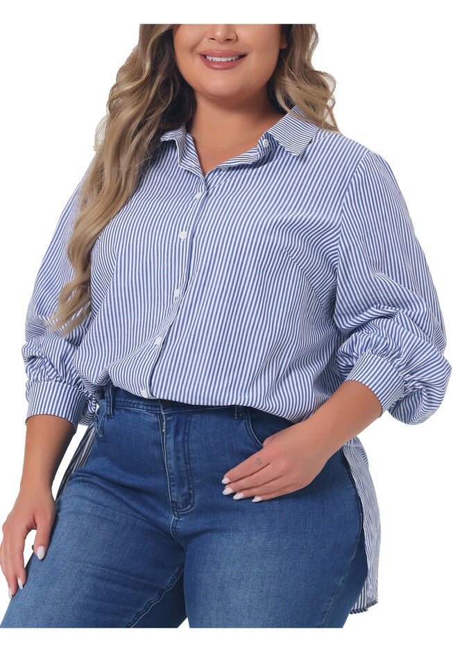 Button Down Collared Long Sleeve Work Striped Shirt, Blue / Light Blue, alternate image number 2