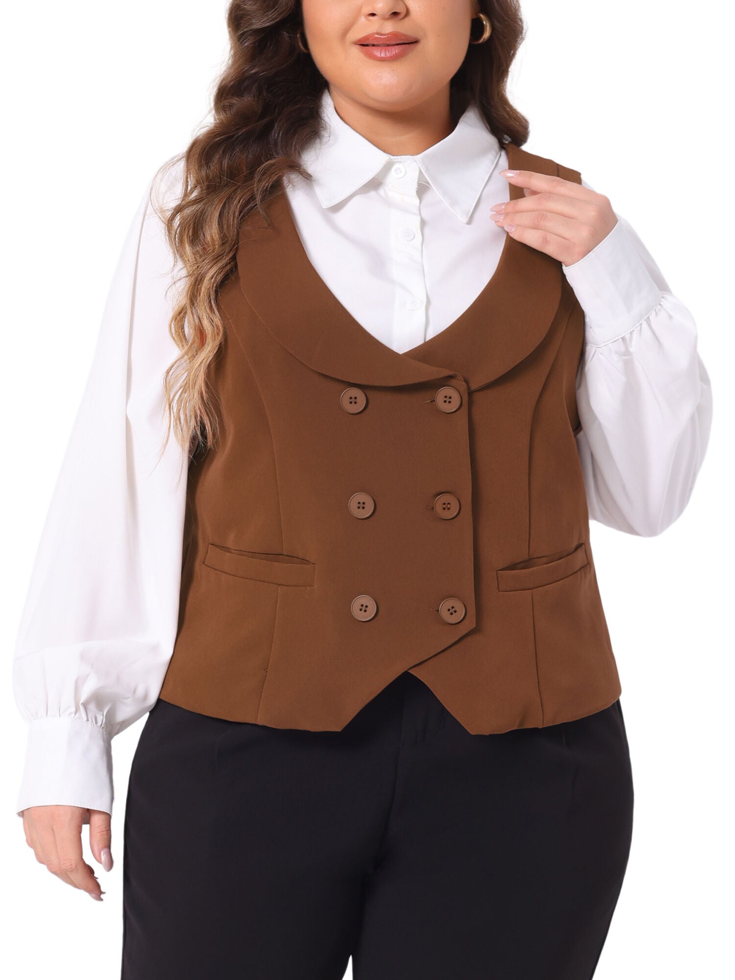 DOUBLE BREASTED LAPEL COLLAR DRESSY WAISTCOAT SUIT VEST, Brown / Brown, alternate image number 1