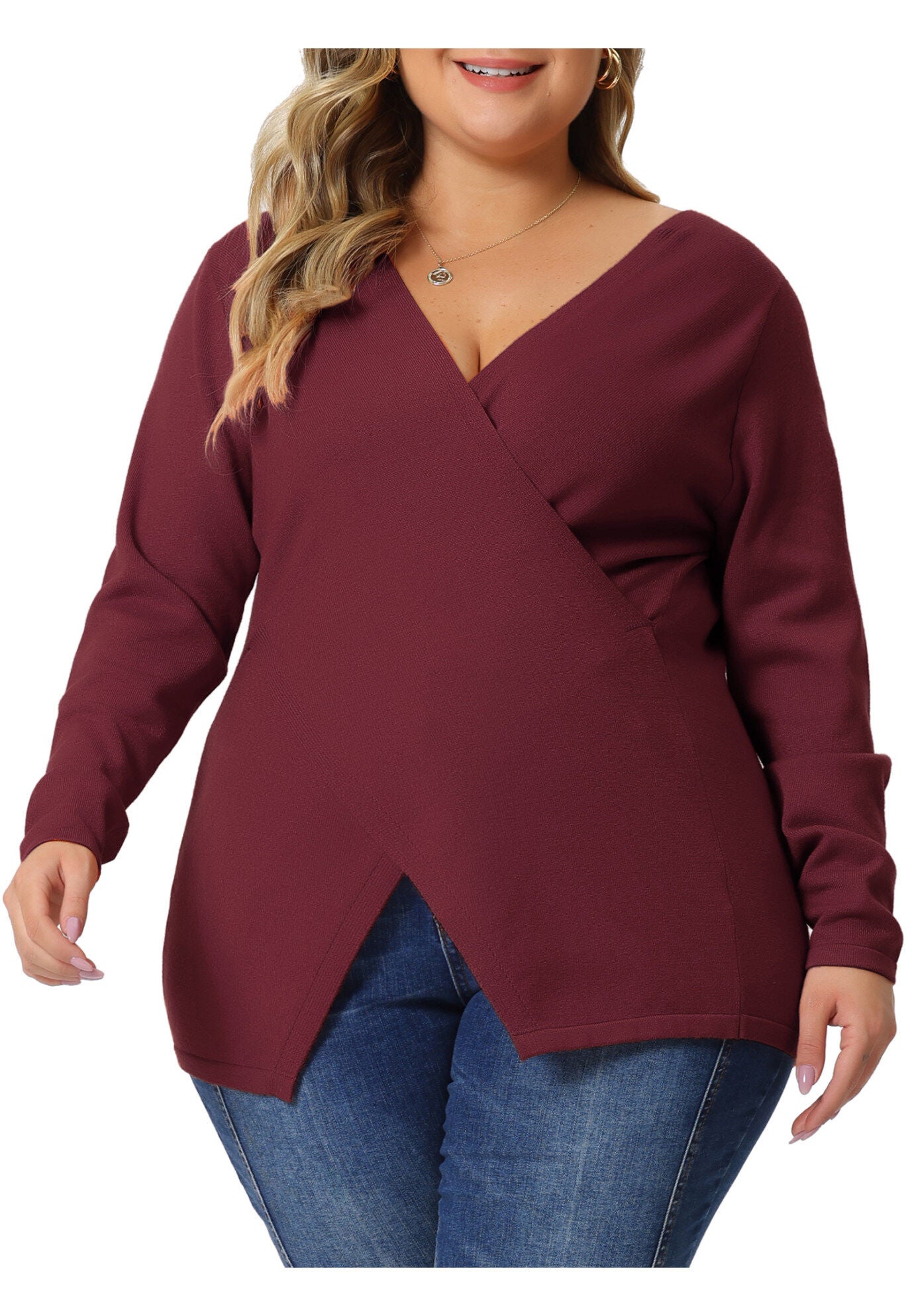 Wrap V Neck Criss Cross Asymmetrical Knit Top, Red / Red, alternate image number 3