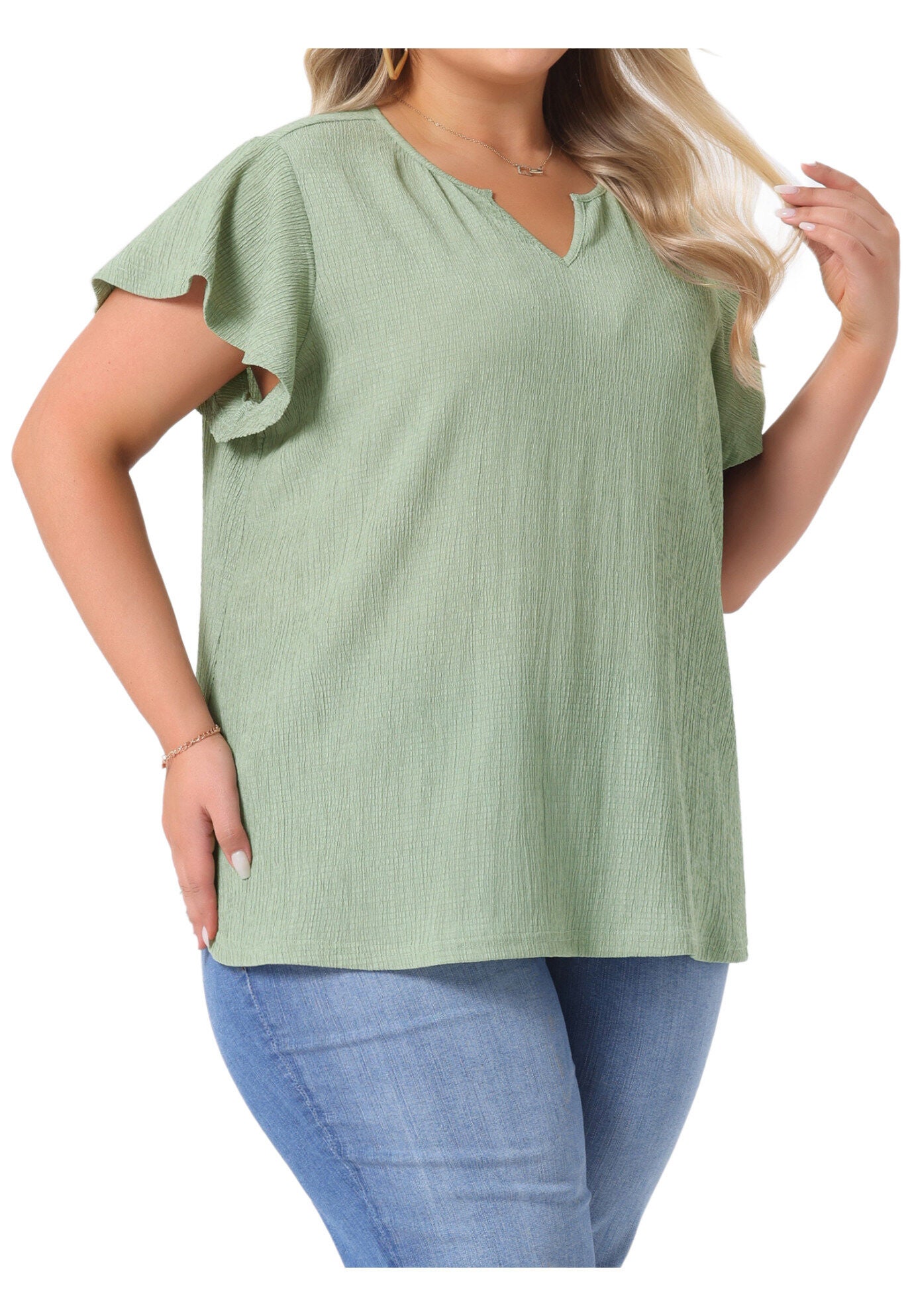 V Neck Ruffle Short Sleeve Summer Blouse, Green / Olive Green, alternate image number 1