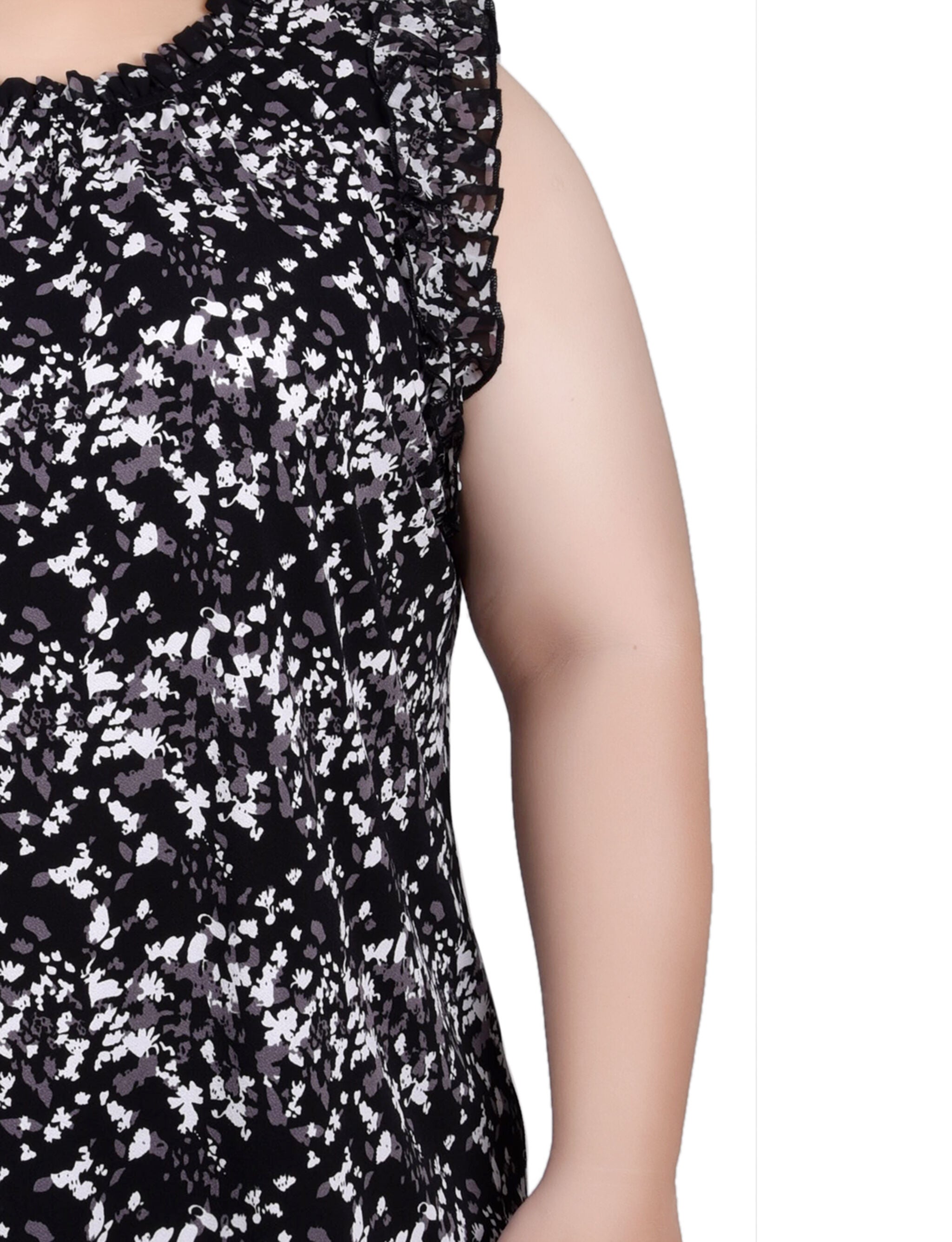 Sleeveless Crepe Top With Chiffon Ruffles, Black Grey Floral / black, alternate image number 1
