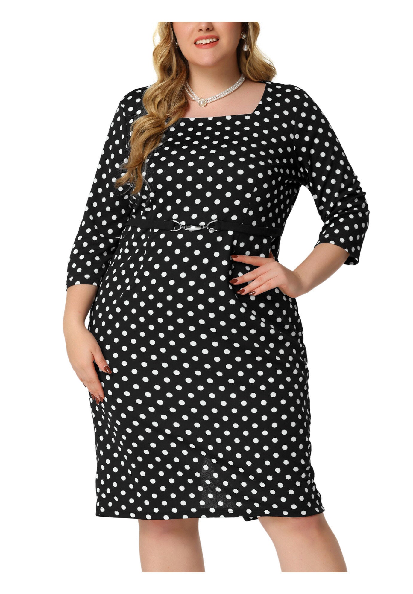 Retro 3/4 Sleeve Polka Dots Bodycon Cocktail Dress, Black / Black, alternate image number 2