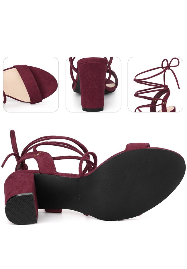 Lace Up Slingback Block High Heels Sandals, Burgundy / Burgundy, alternate image number null