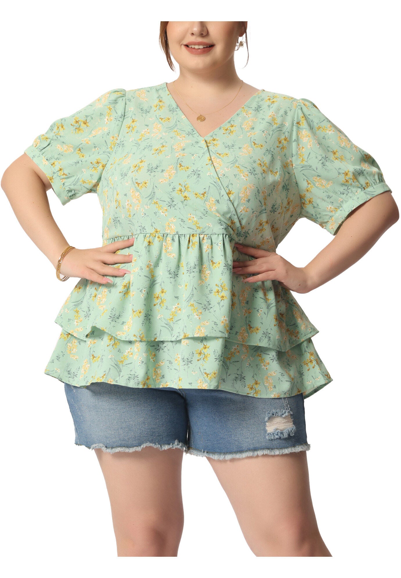 V Neck Short Sleeve Layered Peplum Top Summer Floral Blouse, Green / Light Green, alternate image number 1