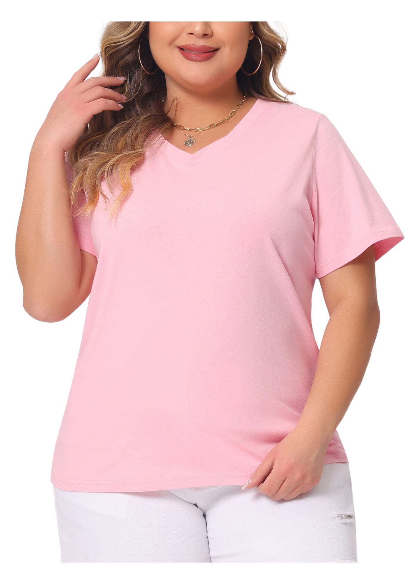 Short Sleeve V Neck Basic T-Shirt Top, Pink / Pink, alternate image number 2