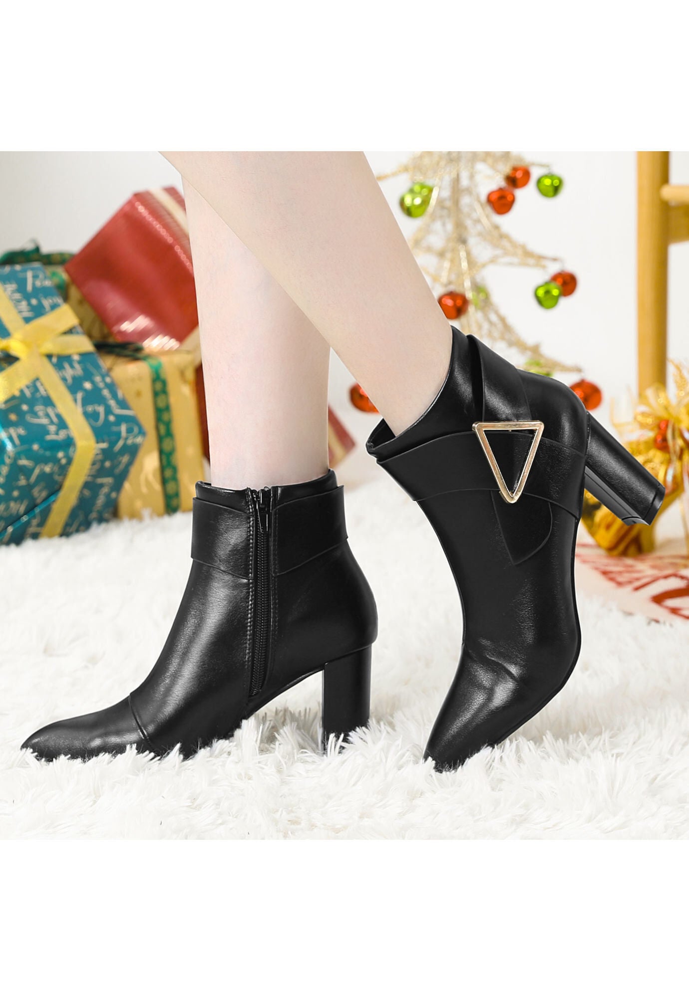 Pointed Toe Triangle Buckle Chunky Heels Ankle Boots, Black / Black, alternate image number 1