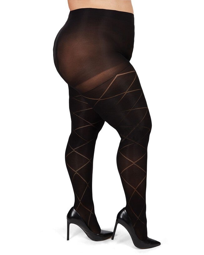 Diamond Opaque Plus Size Curvy Control Top Tights, Black / Black, hi-res image number 0