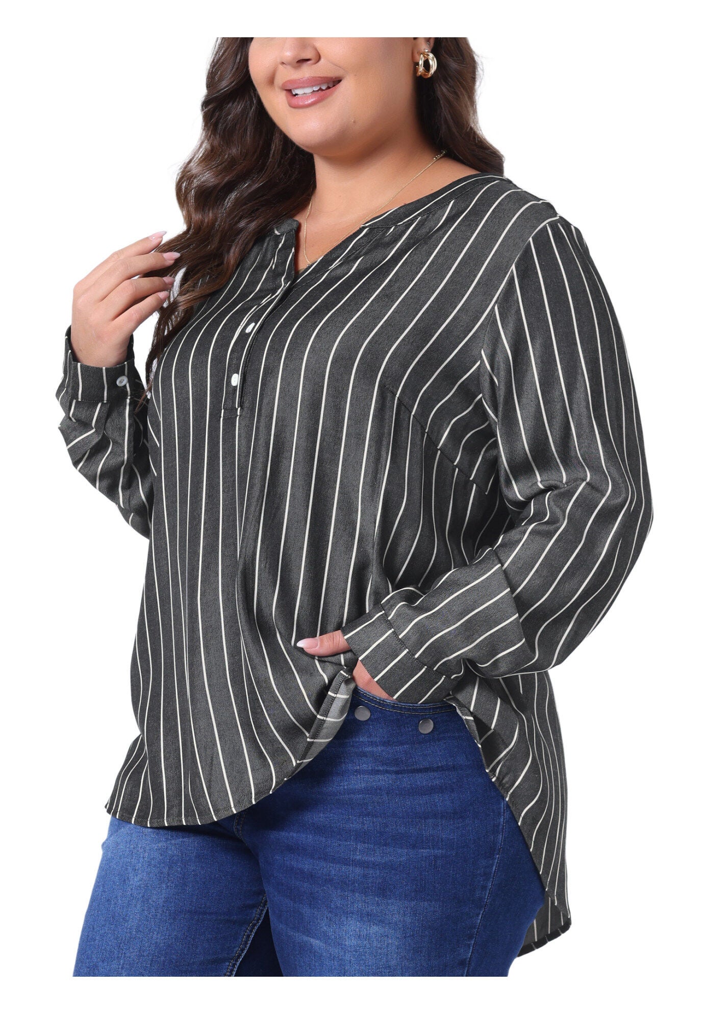 Long Sleeve Button Down Shirt Top, Black / Black, alternate image number 1