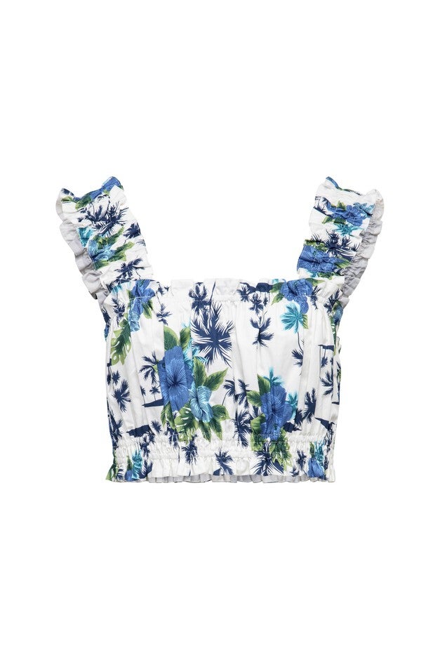 Ruched Floral Crop Top, White / White, hi-res image number 0