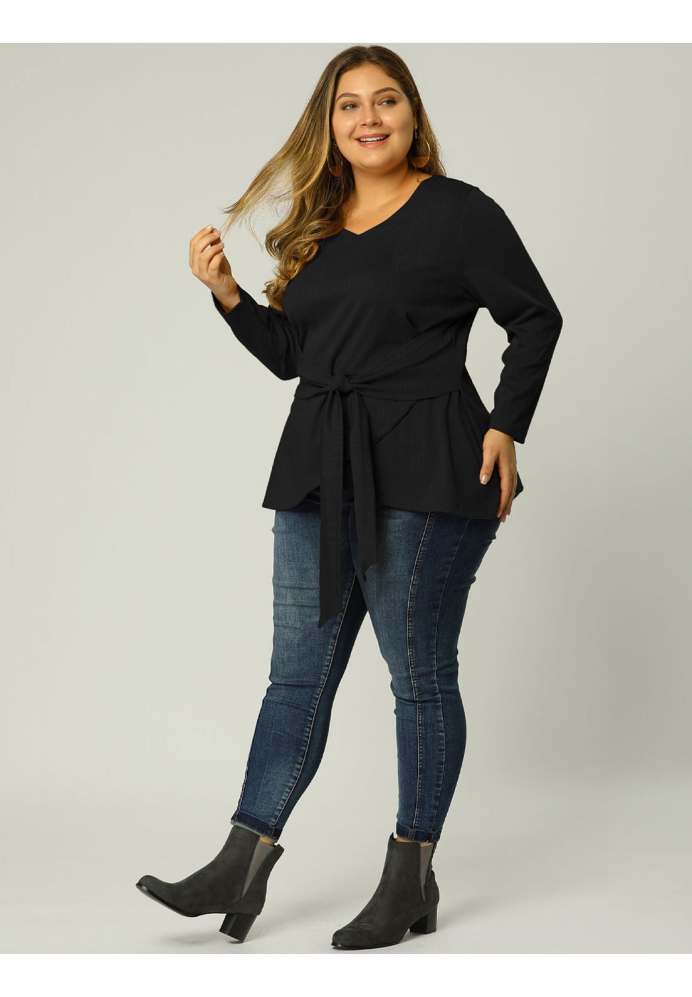 V Neck Knit Belted Knot Tie Work Top Blouse, Black / Black, hi-res image number 0