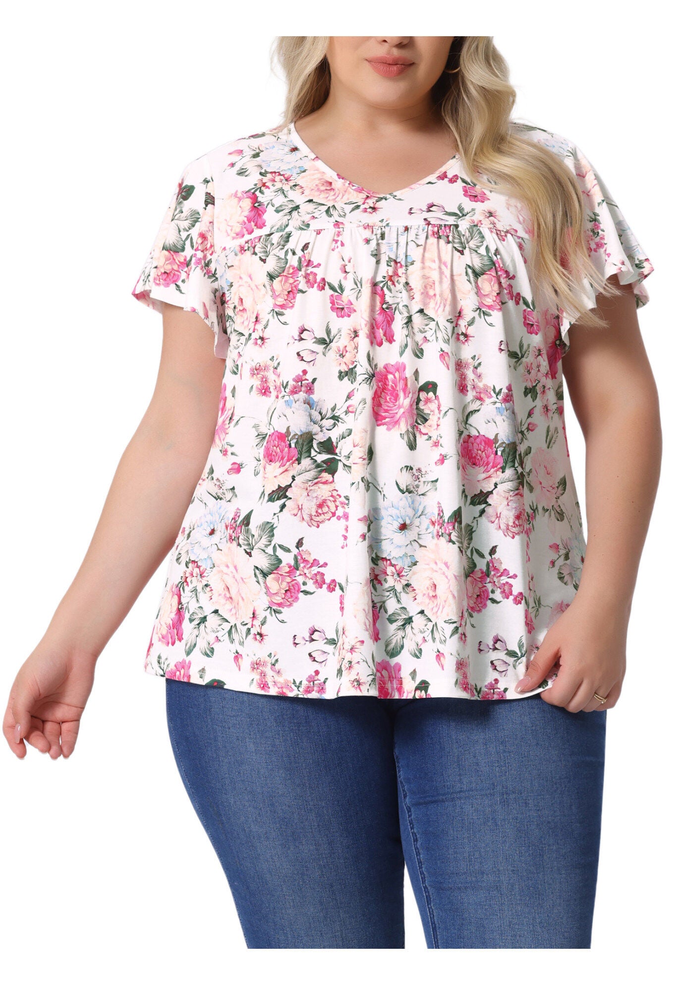 V Neck Ruffle Short Sleeve T-Shirt Tee Top, White Pink / White, alternate image number 2