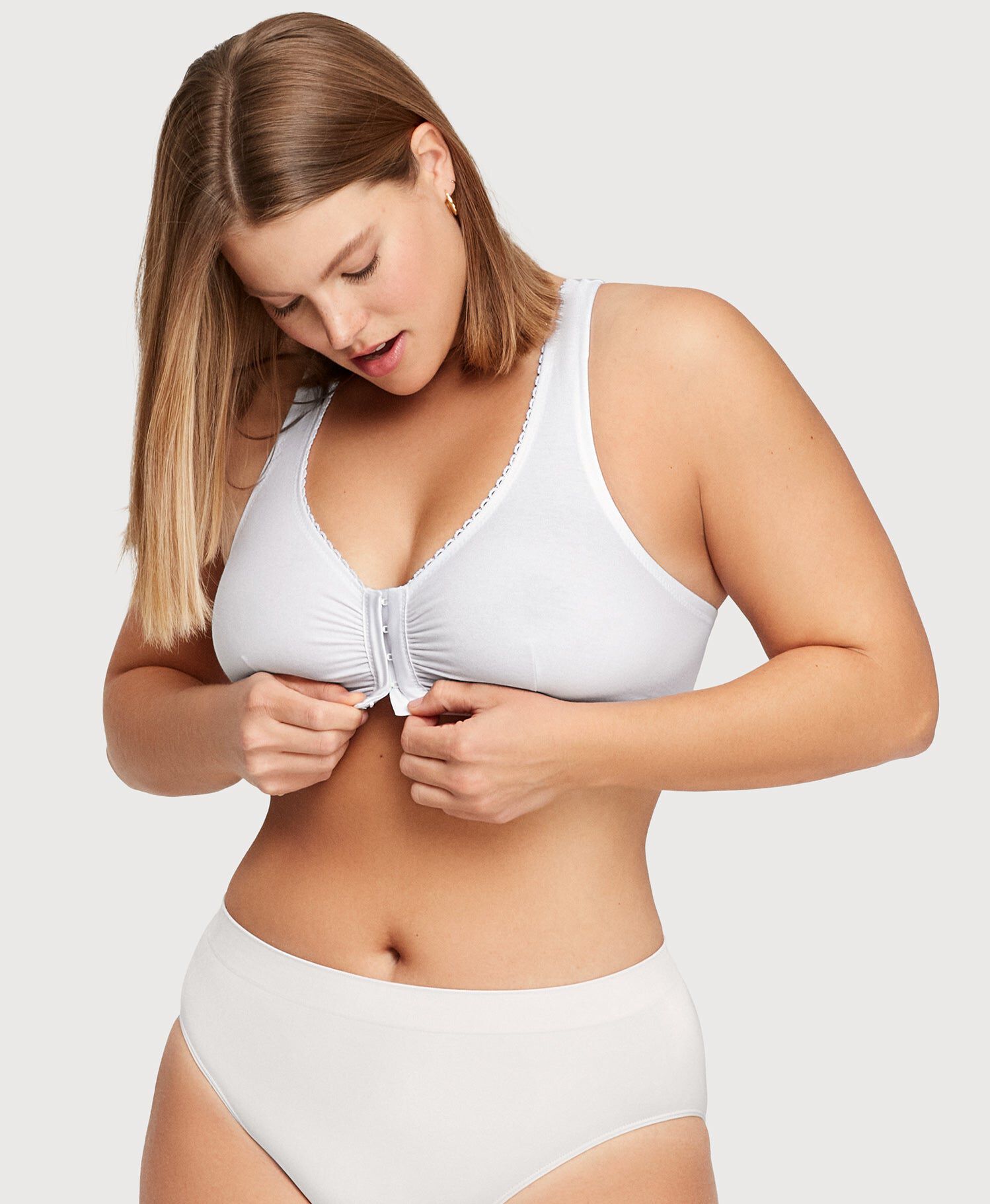 Front-Closure Cotton T-Back Comfort Bra, White / White, alternate image number 2