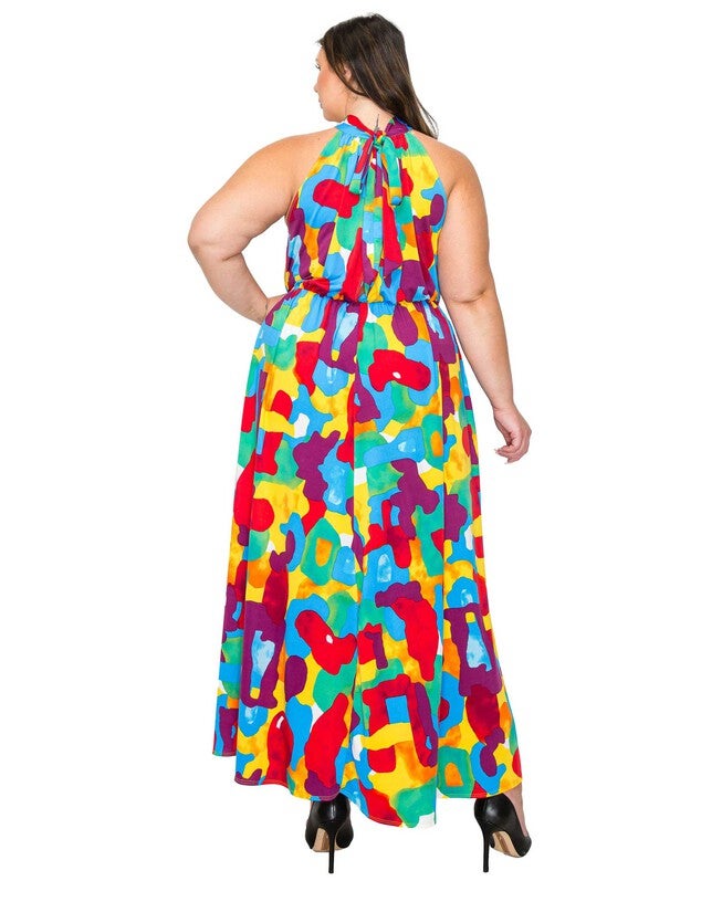 ARROYO HALTER NECK MAXI DRESS IN ABSTRACT PRINT, Yellow Turquoise Red / Yellow, alternate image number 2