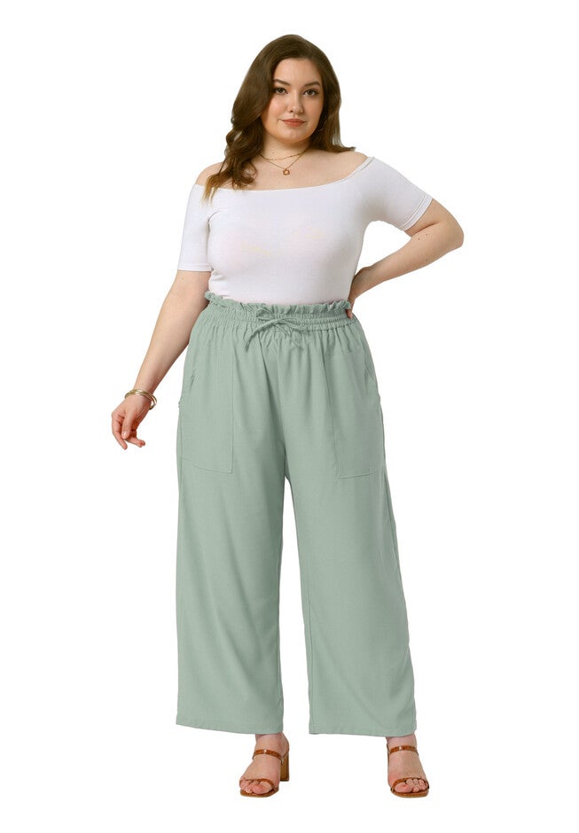Baggy Wide Leg Elastic High Waist Palazzo Pants with Pockets, Light Green / Light Green, hi-res image number 0
