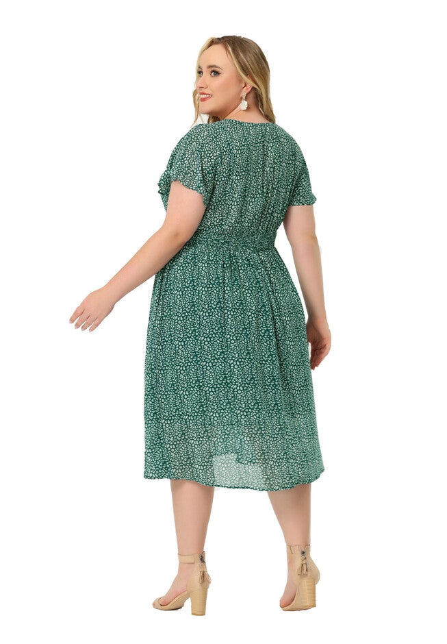 Summer Floral Print V Neck Smocked A-Line Flowy Midi Dress, Green / Hunter Green, alternate image number 3