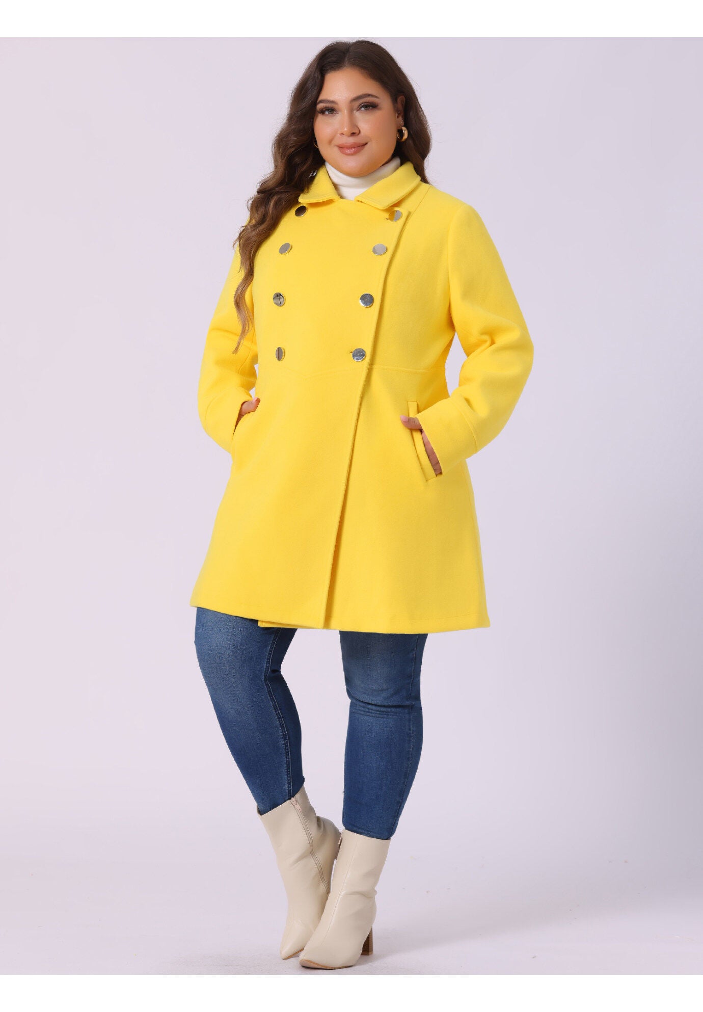 A-LINE PETER PAN COLLAR DOUBLE BREASTED PEACOAT, Yellow / Yellow, hi-res image number 0