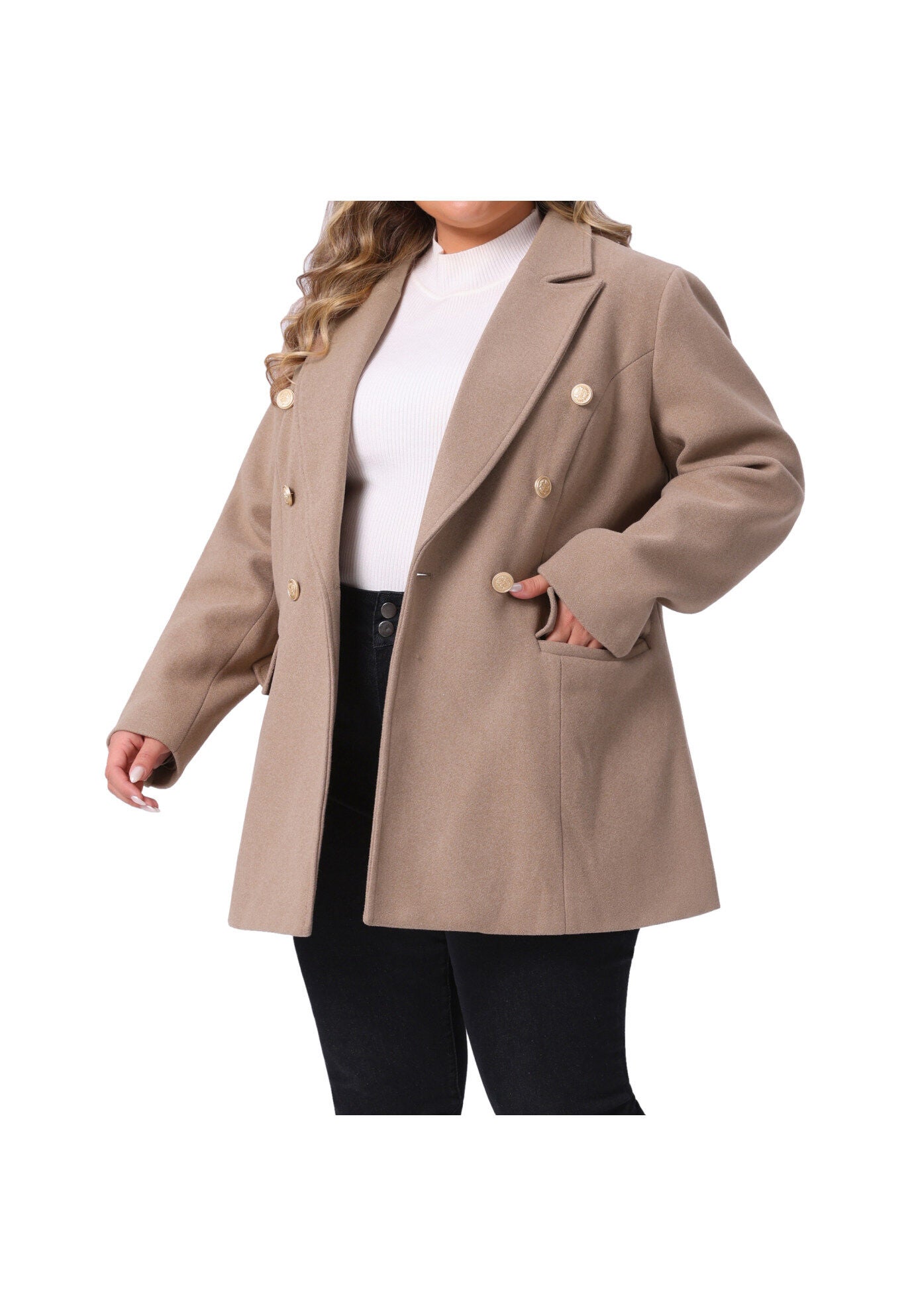 Notch Double-Breasted Lapel Winter Coats, Camel / Beige, alternate image number 2