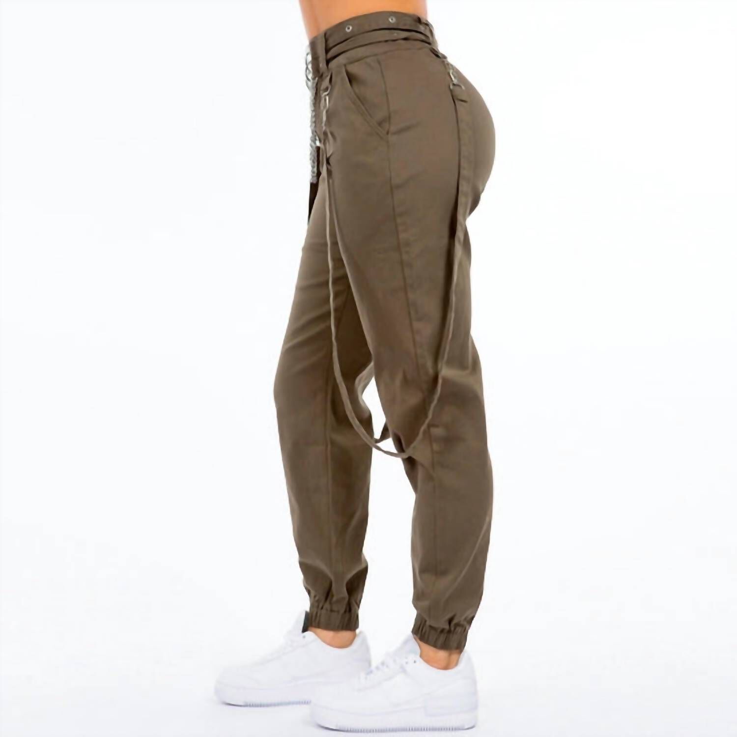 HIGH WAIST JOGGER PANTS WITH SUSPENDERS IN ARMY GREEN, Army Green / Olive Green, alternate image number 2