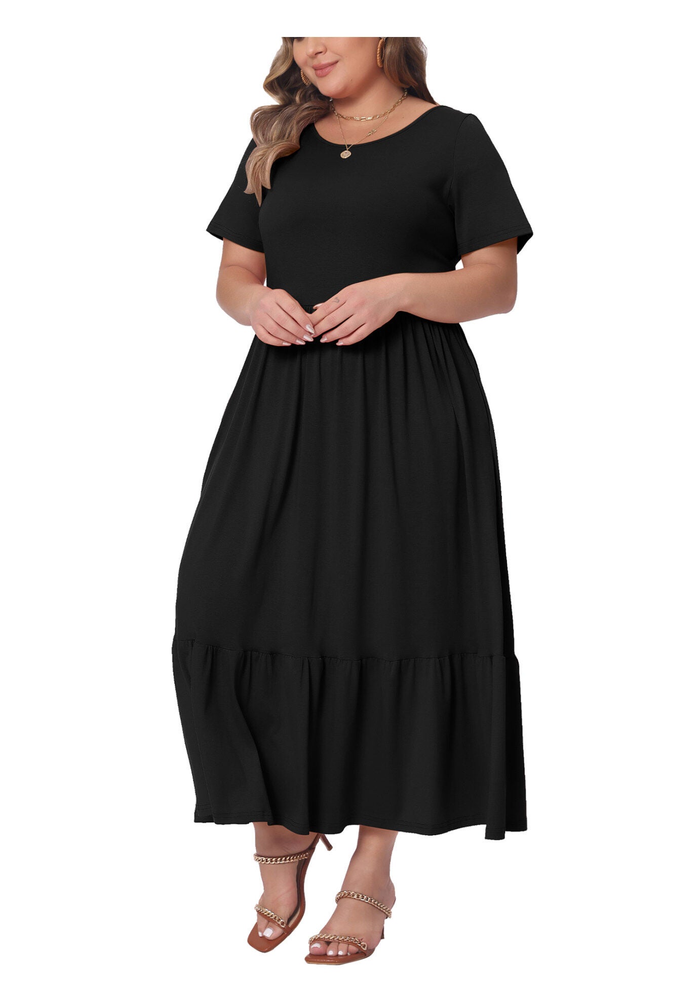 Short Sleeve Crew Neck Swing Flowy Summer Maxi Dress, Black / Black, alternate image number 1