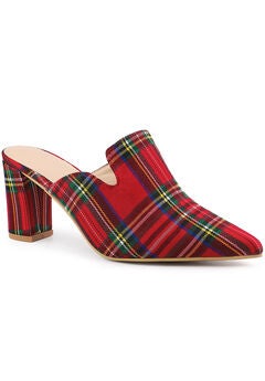 Pointed Toe Slip on Chunky Heels Houndstooth Slide Mules