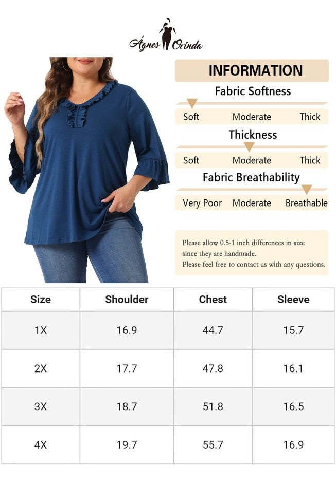 Ruffle Blouse 3/4 Sleeve V Neck Tunic Top, Blue / Navy, alternate image number 4