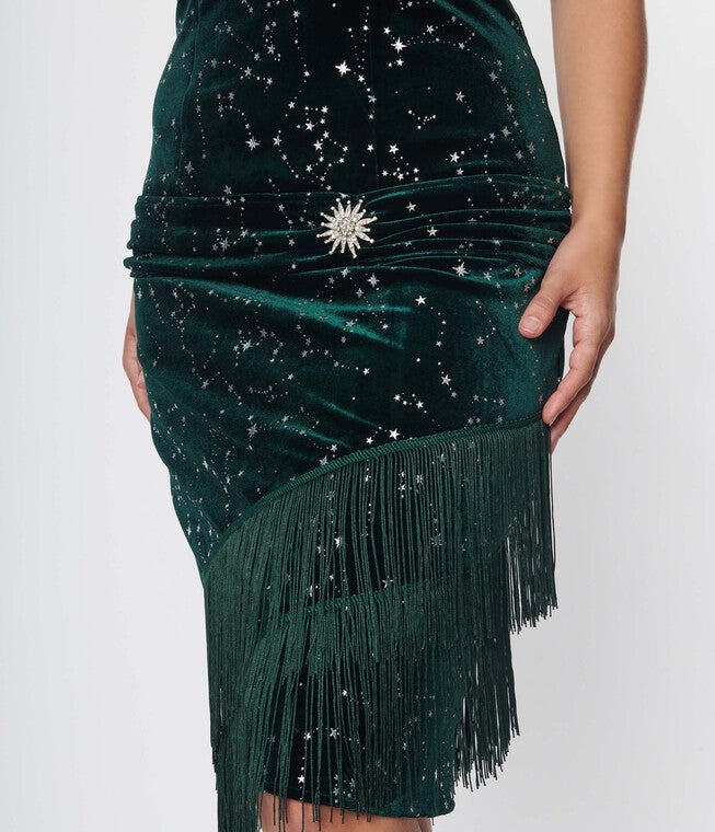 Unique Vintage Emerald Green Velvet Fringe Flapper Dress, Emerald Green / Hunter Green, alternate image number 3