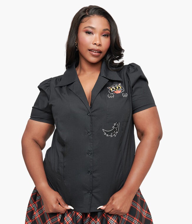 1940s Black Spooky Cat Cotton Blouse, Black / Black, alternate image number 2