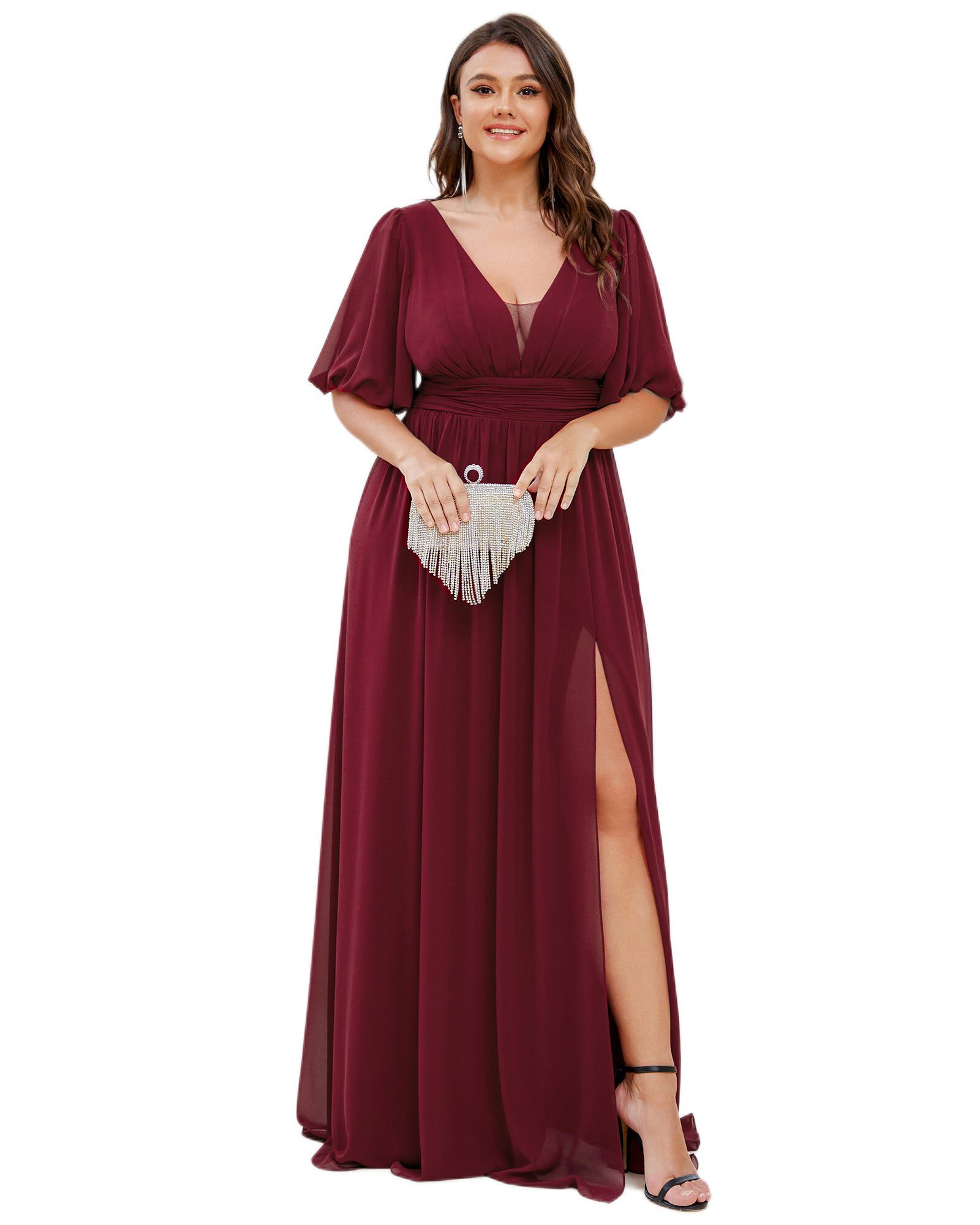 Chiffon Illusion V-Neck Flutter Sleeve Front Slit Evening Dress, Burgundy / Burgundy, alternate image number 3