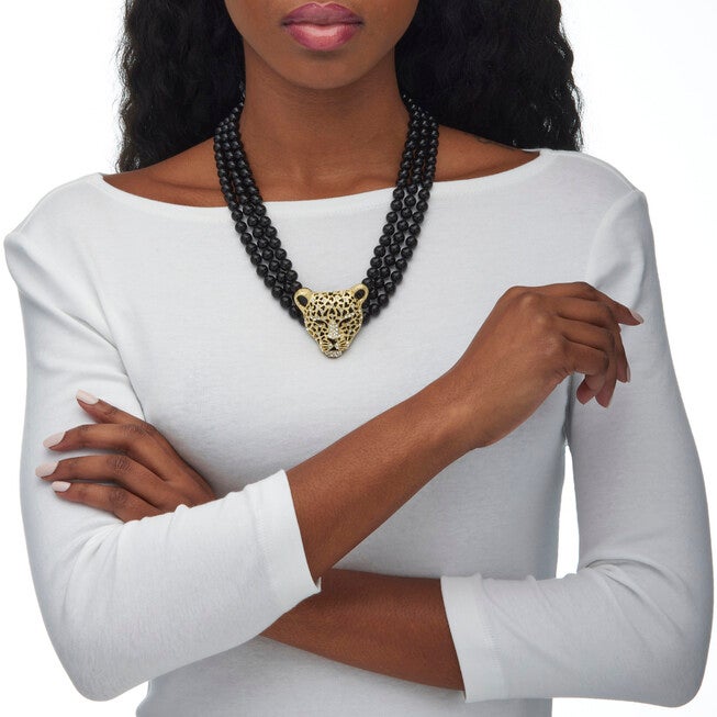 Onyx and Crystal Leopard Beaded Necklace in Yellow Goldtone, Black / Black, alternate image number 3