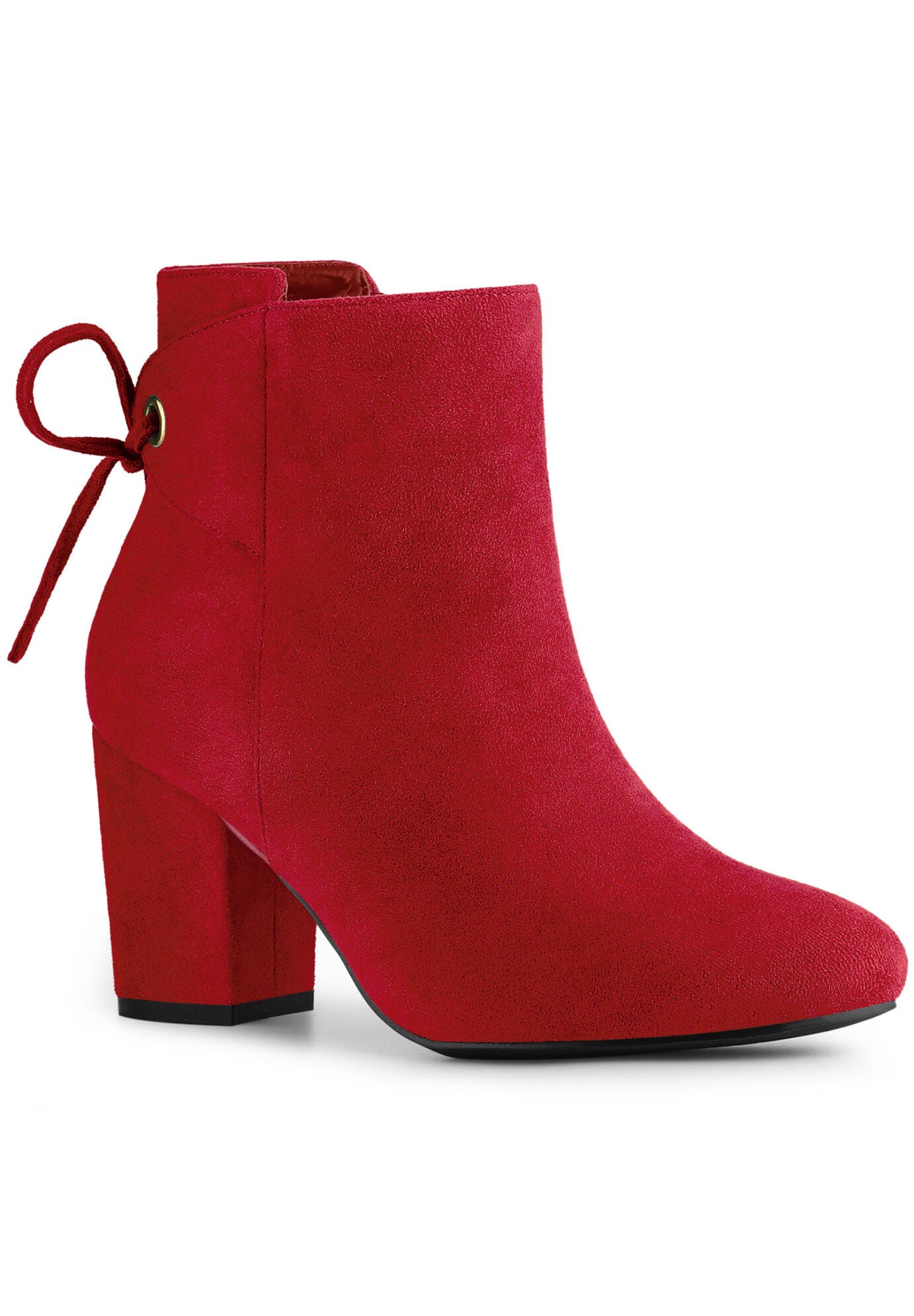 Round Toe Lace Up Back Chunky High Heels Ankle Boots, Red / Red, hi-res image number 0
