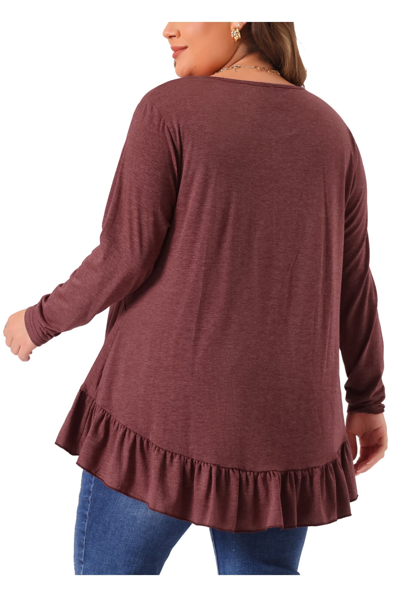 Henley V Neck Ruffled Hem Flowy Blouse Tunic, Burgundy / Red, alternate image number 3