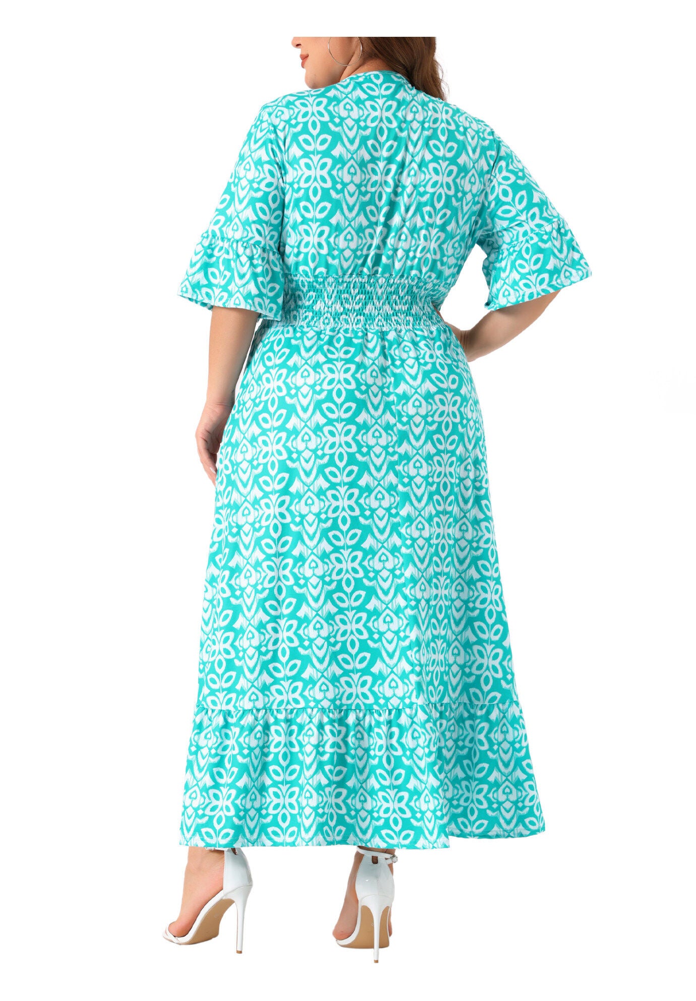 Bell Sleeve Ruffled Hem V Neck Short Sleeve Boho A Line Long Dress, Lake Green / Turquoise, alternate image number 3