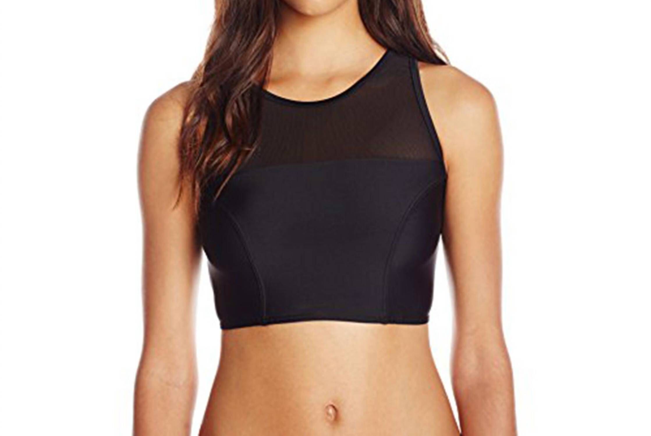 BOTTOM'S UP SPORT CREW NECK MESH BIKINI TOP IN BLACK, Black / Black, hi-res image number 0