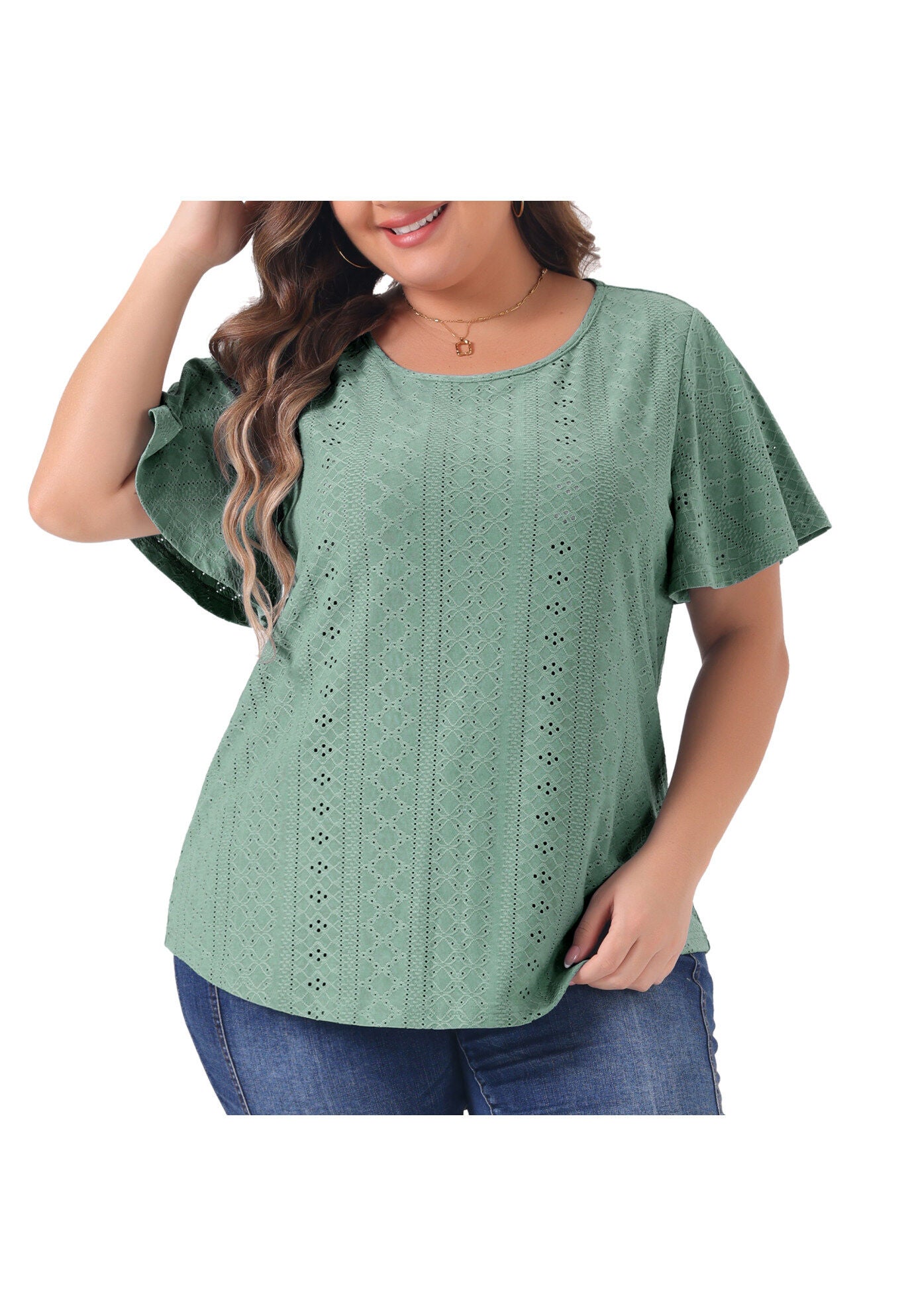 V NECK LOOSE FIT RUFFLE SLEEVE SUMMER HOLLOW TOP, Green / Light Green, alternate image number 2