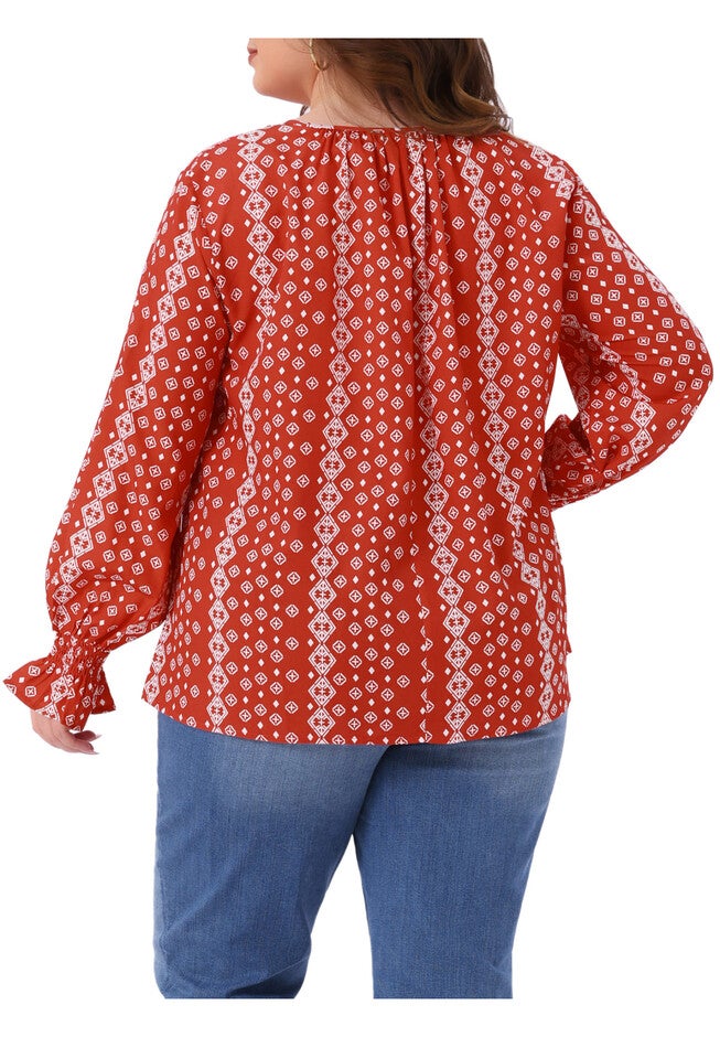 V Neck Drawstring Tassel Tie Printed Shirts Blouses, Red / Red, alternate image number 3